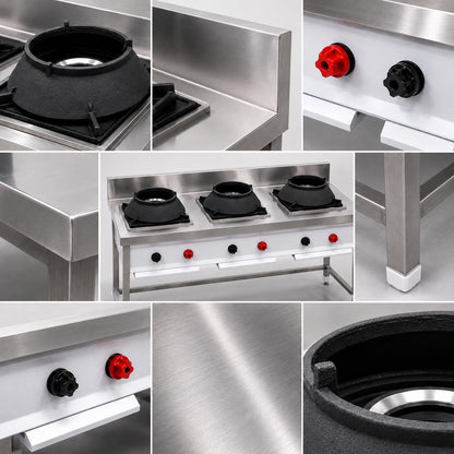 Gurubhai Equipments Stainless Steel Commercial Single Burner Gas Stove Table with Worktop Backsplash & Under Shelf for Hotel Restaurant Kitchen