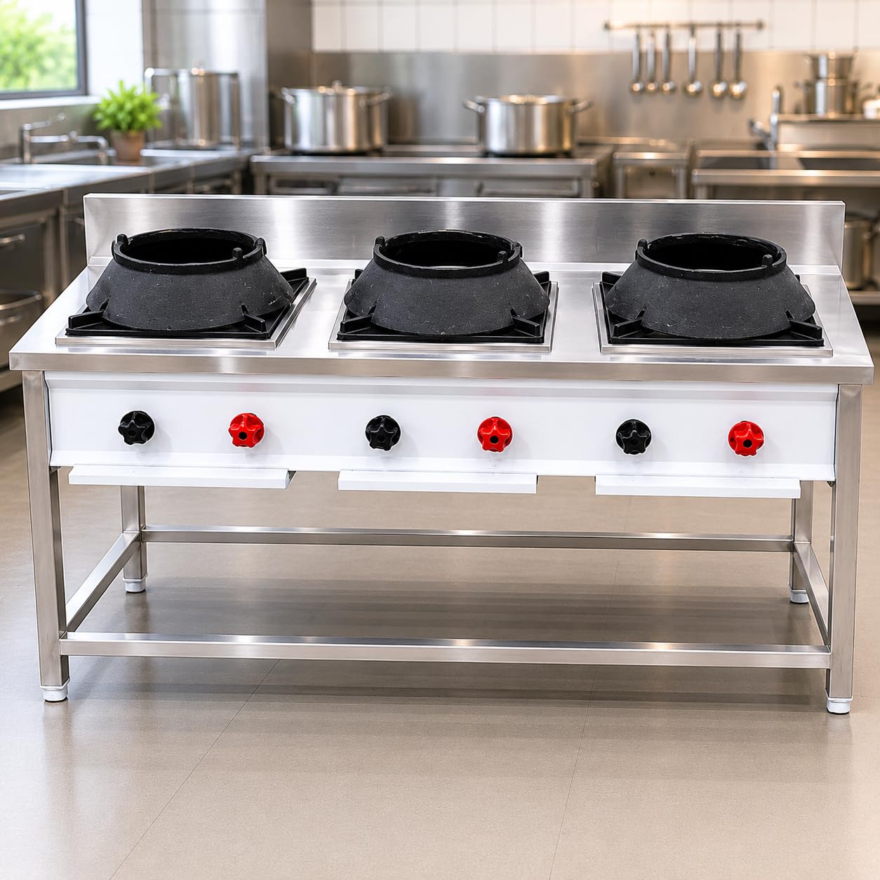 Gurubhai Equipments Stainless Steel Commercial Single Burner Gas Stove Table with Worktop Backsplash & Under Shelf for Hotel Restaurant Kitchen