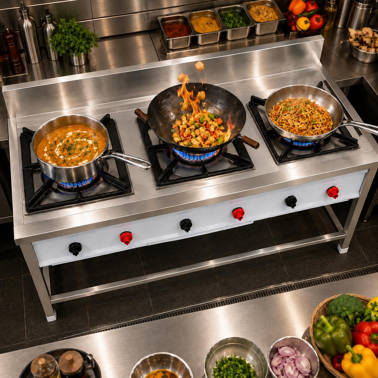 Gurubhai Equipments 3 Burner Stainless Steel Commercial Gas Stove with 1 Chinese Burner & 2 Single Burners Heavy Duty Cooking Range for Hotel Restaurant Kitchen