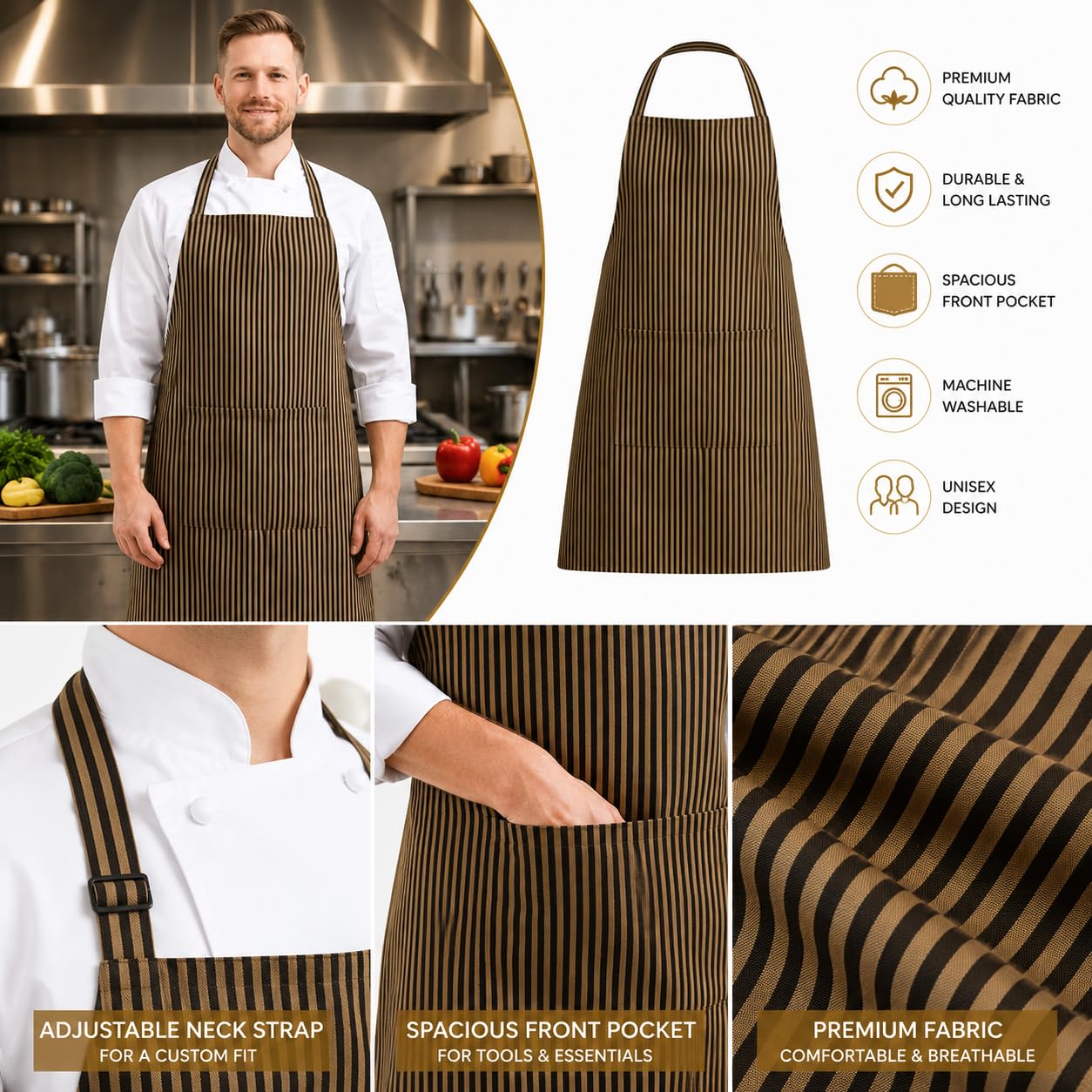 GURUBHAI EQUIPMENTS Chef Apron with Front Pocket | Kitchen Apron for Men & Women | Durable Cooking, Baking & BBQ Apron for Home, Restaurant & Café Use