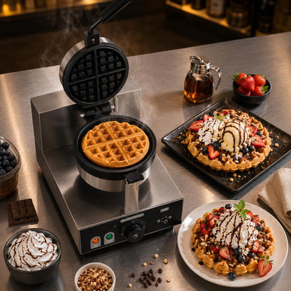 Gurubhai Equipments Round Rotating Waffle Machine, Commercial Electric Belgian Waffle Maker, Rotary Waffle Baker for Cafe Bakery Restaurant