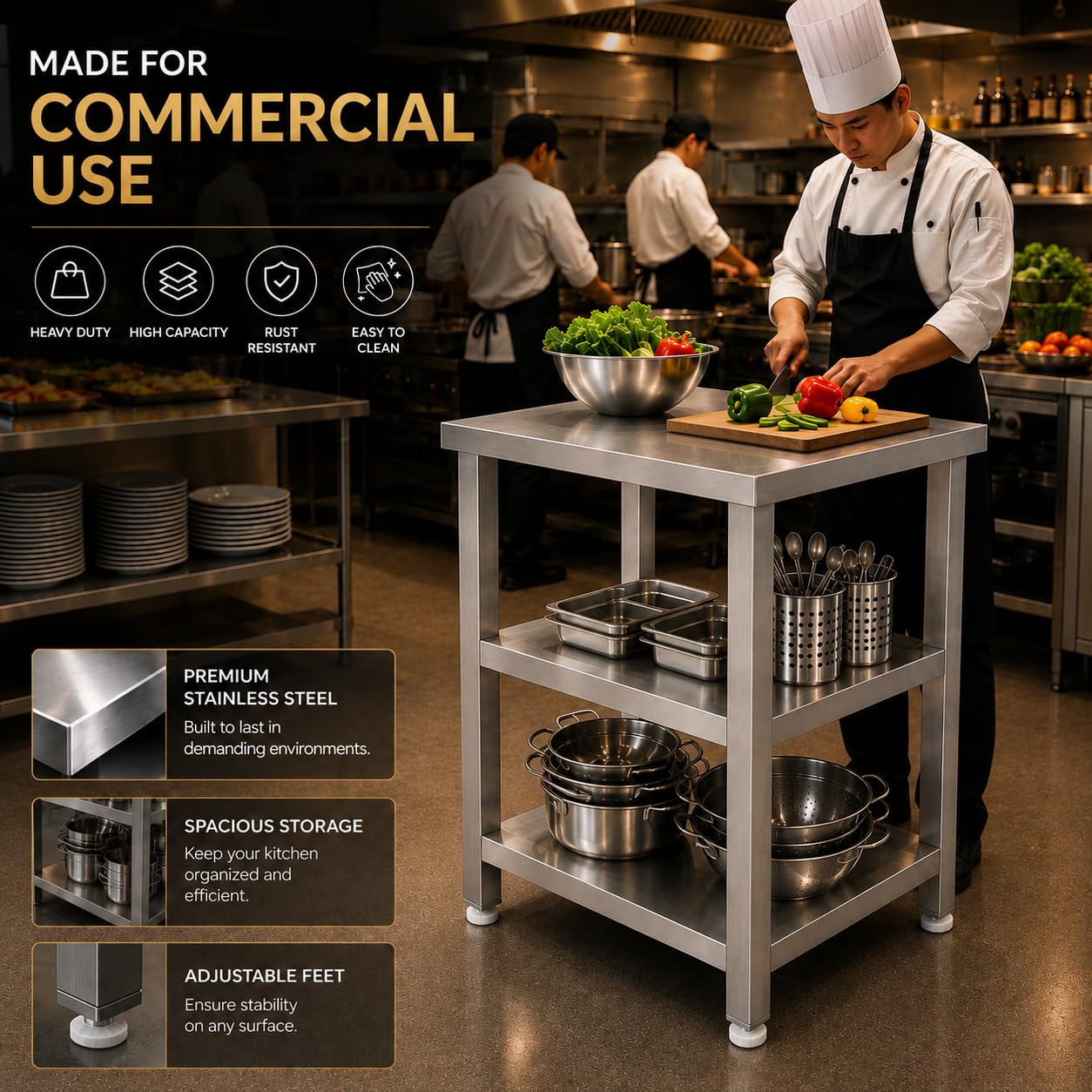 GURUBHAI EQUIPMENTS Kitchen Service Table Commercial Work Table with 2 Storage Shelves for Restaurant Hotel Catering Kitchen