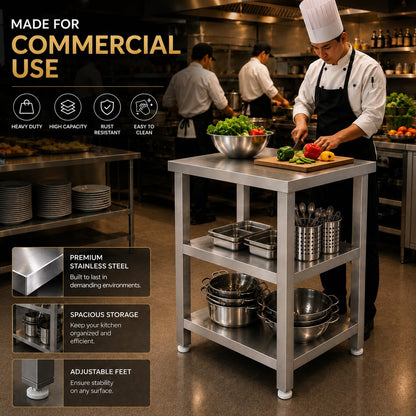GURUBHAI EQUIPMENTS Kitchen Service Table Commercial Work Table with 2 Storage Shelves for Restaurant Hotel Catering Kitchen