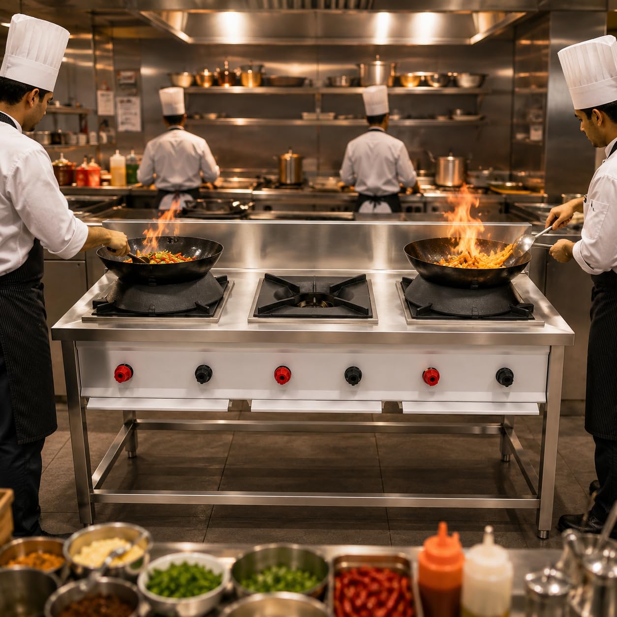 Gurubhai Equipments 3 Burner Commercial Gas Stove with 2 Chinese Burners & 1 Single Burner Stainless Steel Heavy Duty Cooking Range for Hotel Restaurant Catering Kitchen