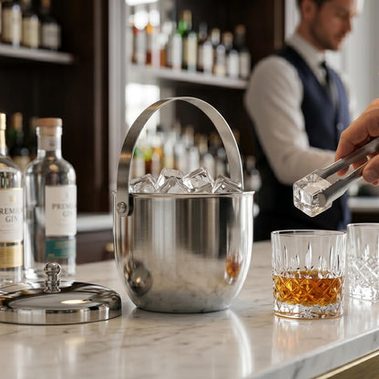 Gurubhai Equipments Stainless Steel Ice Bucket with Ice Tong & Carry Handle Double Wall Ice Bucket for Bar Party Wine Champagne Beer Ice Storage