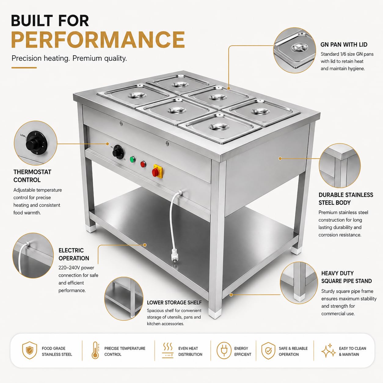 Gurubhai Equipments Electric Autocut Bain Marie Commercial Food Warmer Steam Table Buffet Counter with Undershelf for Restaurant Catering