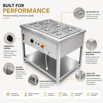 Gurubhai Equipments Electric Autocut Bain Marie Commercial Food Warmer Steam Table Buffet Counter with Undershelf for Restaurant Catering