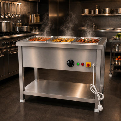 Gurubhai Equipments Electric Autocut Bain Marie Commercial Food Warmer Steam Table Buffet Counter with Undershelf for Restaurant Catering