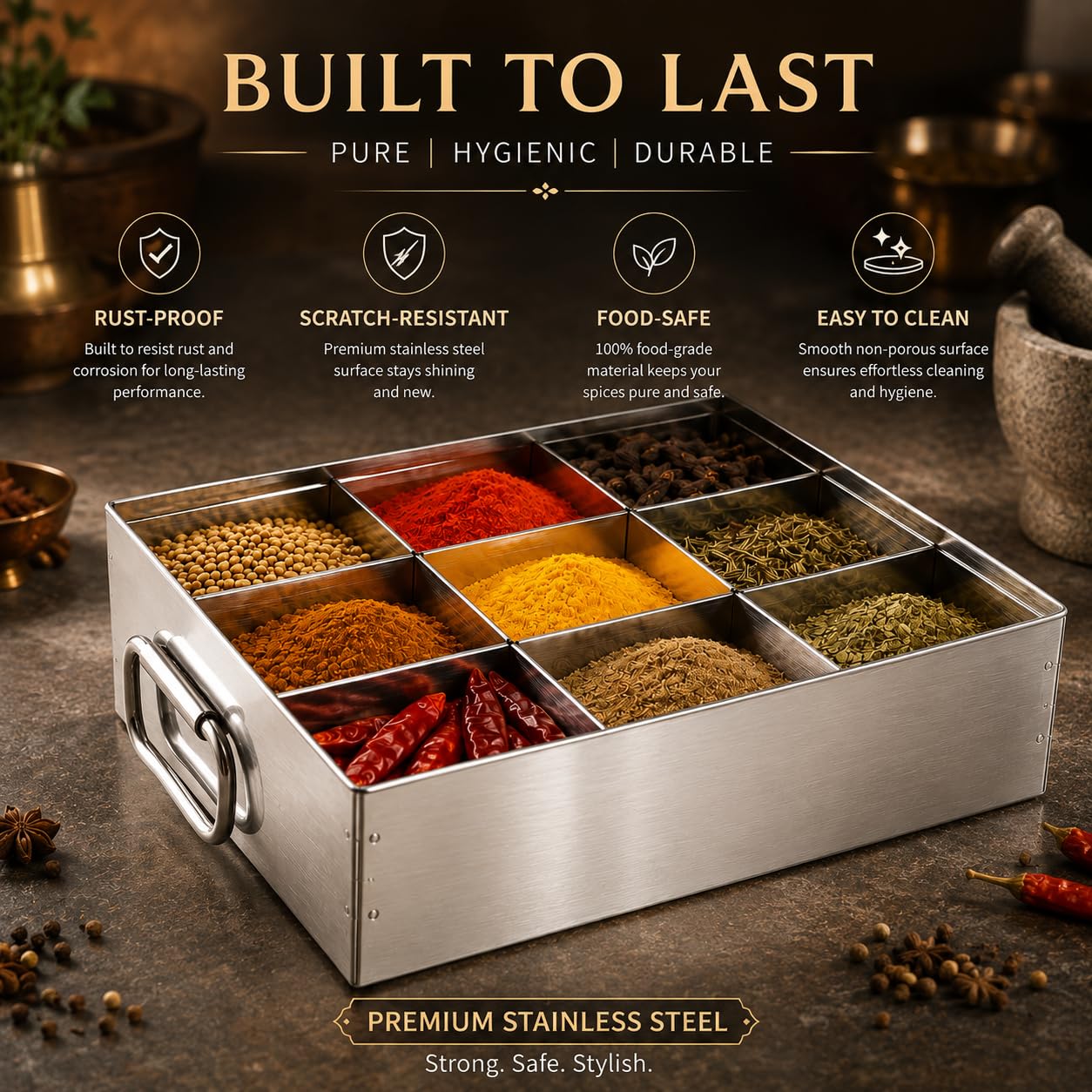 GURUBHAI EQUIPMENTS Stainless Steel Masala Peti 9 Compartments Spice Box Masala Dabba Kitchen Storage Container