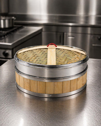 Gurubhai Equipments Bamboo Stainless Steel 26 Cm Steamer Basket with Lid – 1 Tier Round | Traditional Wooden Steamer for Momos, Dim Sum, Dumplings & Vegetables | Eco-Friendly Food Steamer for Healthy Cooking