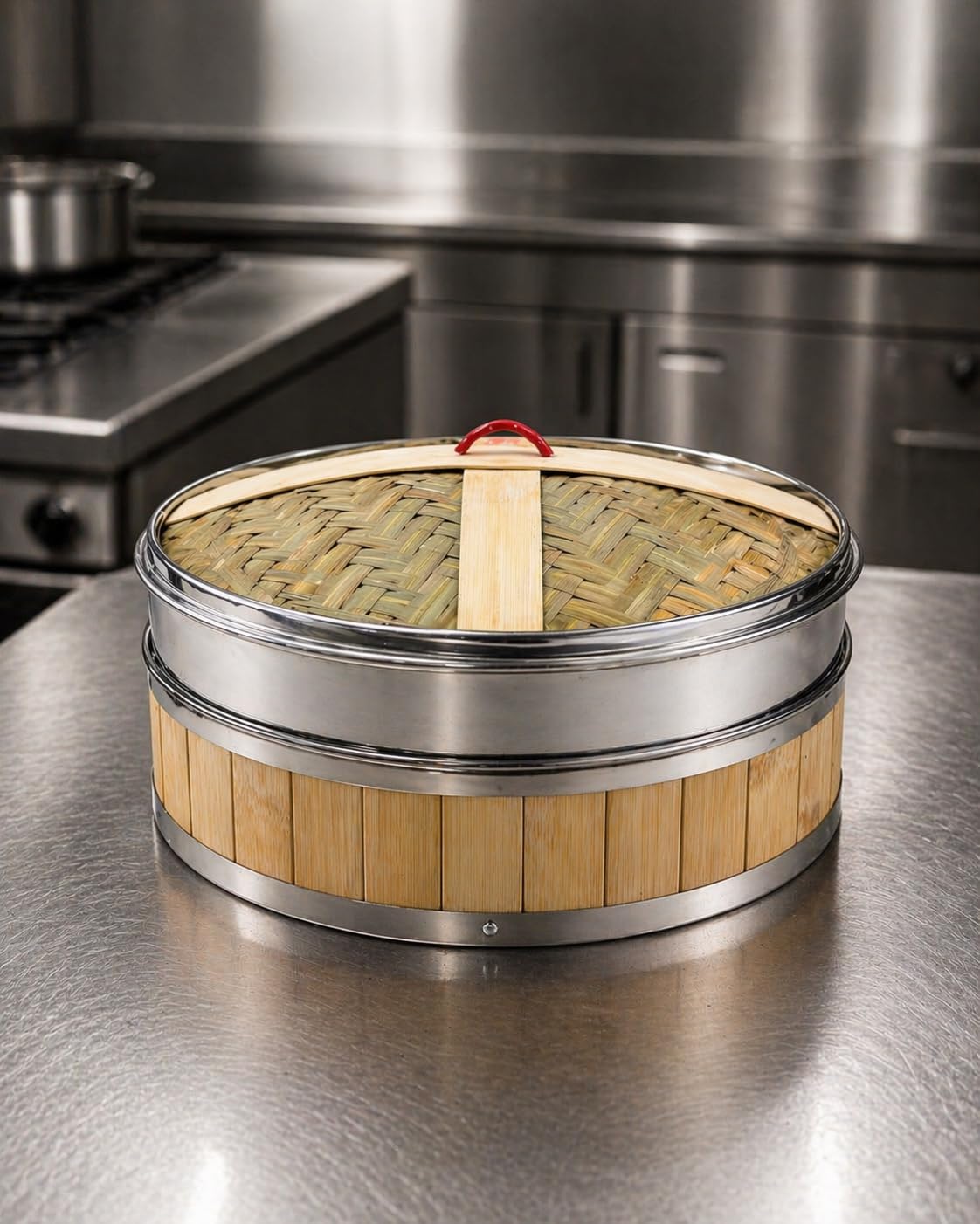 Gurubhai Equipments Bamboo Stainless Steel 26 Cm Steamer Basket with Lid – 1 Tier Round | Traditional Wooden Steamer for Momos, Dim Sum, Dumplings & Vegetables | Eco-Friendly Food Steamer for Healthy Cooking