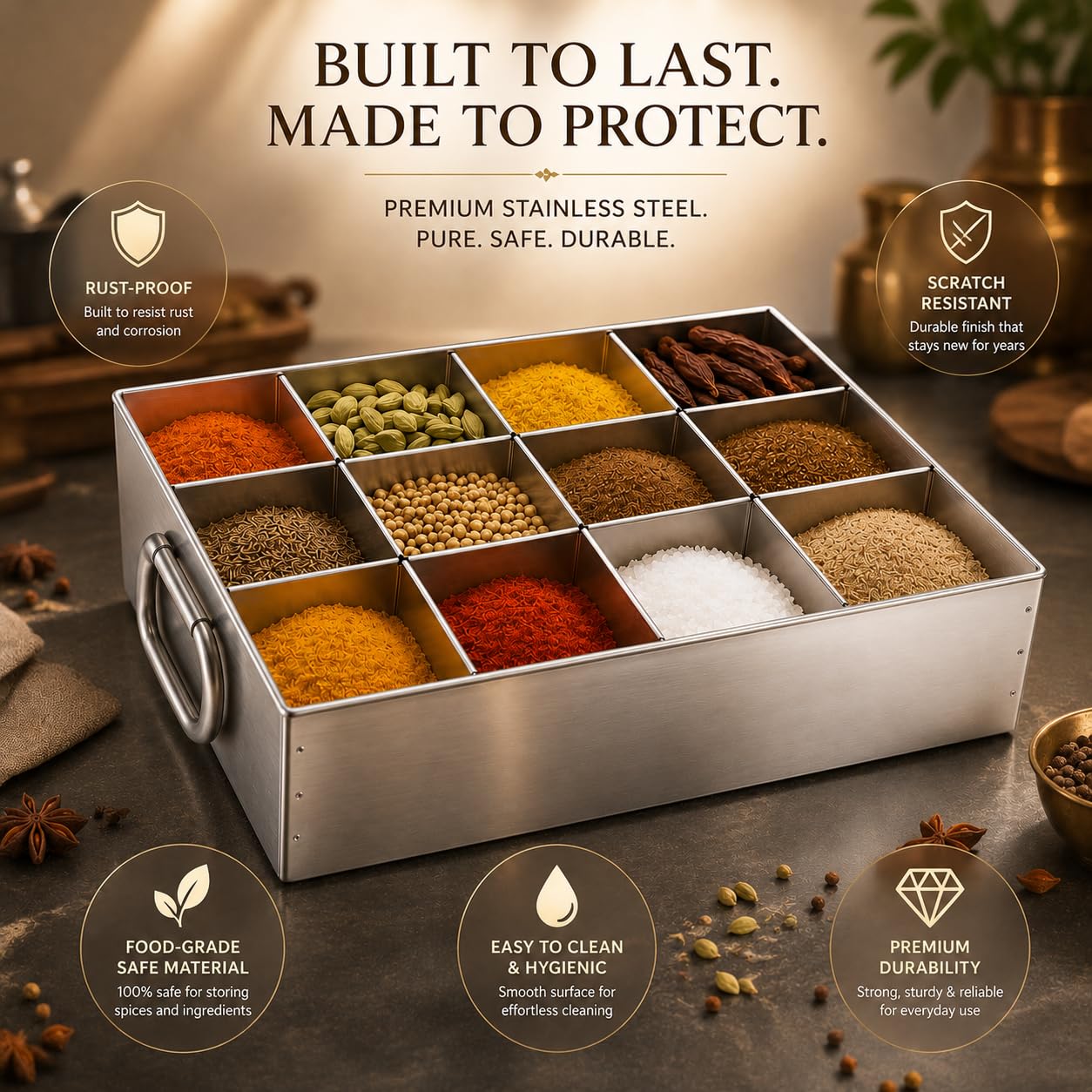 GURUBHAI EQUIPMENTS Stainless Steel Masala Peti 12 Compartments Spice Box Masala Dabba for Kitchen Spice Organizer