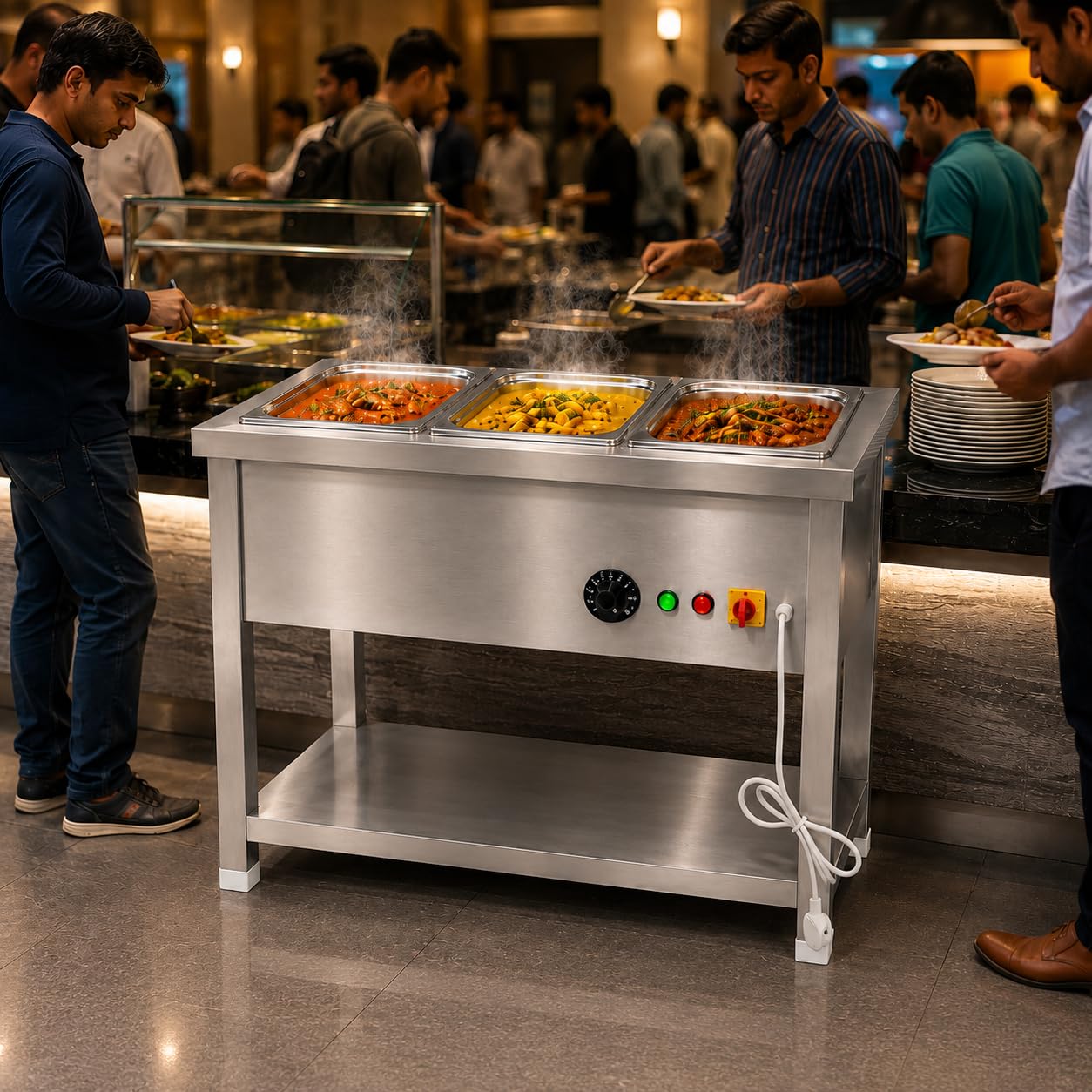 Gurubhai Equipments Electric Autocut Bain Marie Commercial Food Warmer Steam Table Buffet Counter with Undershelf for Restaurant Catering