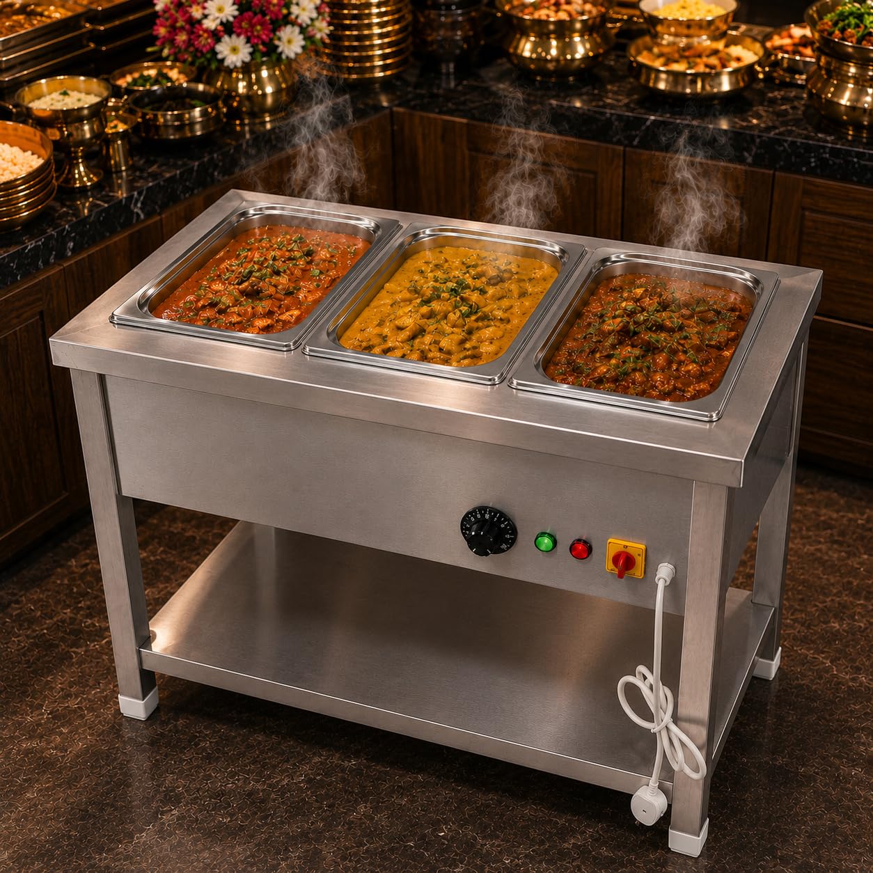 Gurubhai Equipments Electric Autocut Bain Marie Commercial Food Warmer Steam Table Buffet Counter with Undershelf for Restaurant Catering