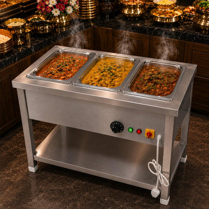 Gurubhai Equipments Electric Autocut Bain Marie Commercial Food Warmer Steam Table Buffet Counter with Undershelf for Restaurant Catering
