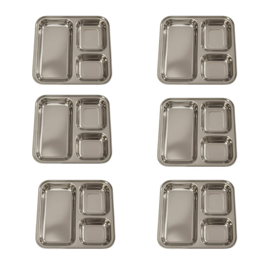 GURUBHAI EQUIPMENTS Stainless Steel Pav Bhaji Plates – Set of 6 | 3-in-1 Compartment Plate for Snacks, Chutney & Pav Bhaji | Durable, Rust-Free & Easy to Clean – Ideal for Home & Restaurant Use