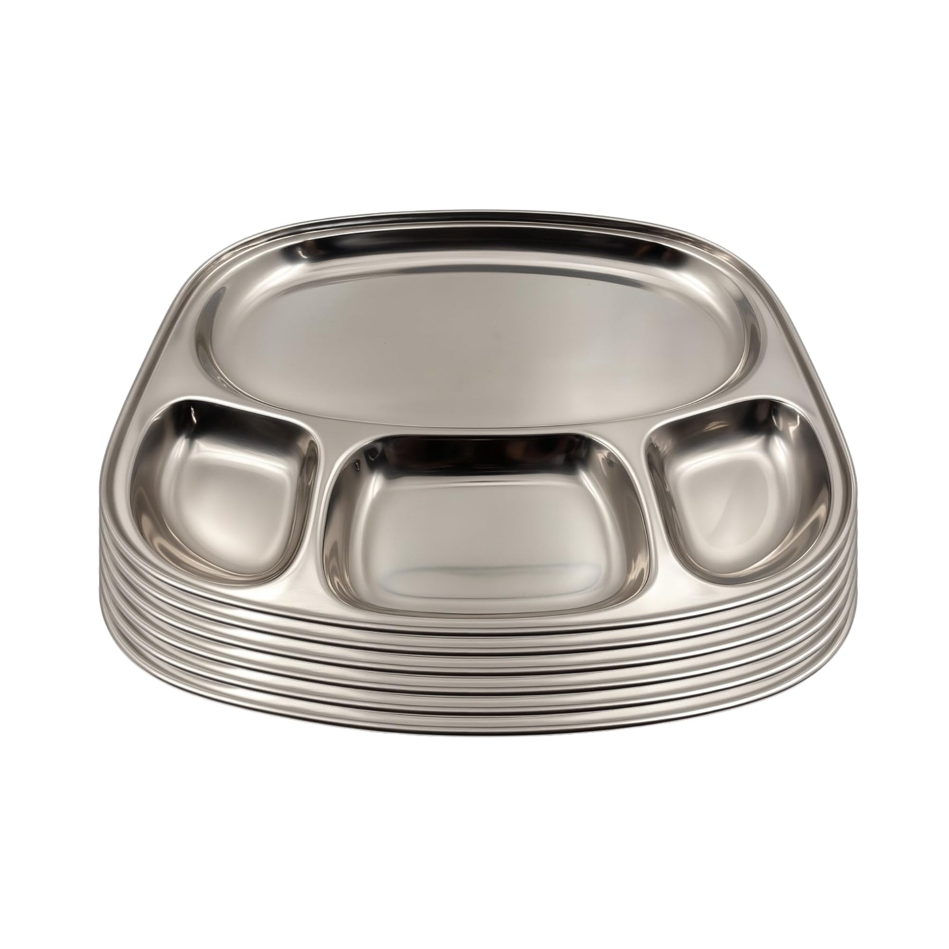 GURUBHAI EQUIPMENTS Stainless Steel 4 Section Compartment Thali Plates Set of 6 for Mess, Canteen, Hostel & Home Dining