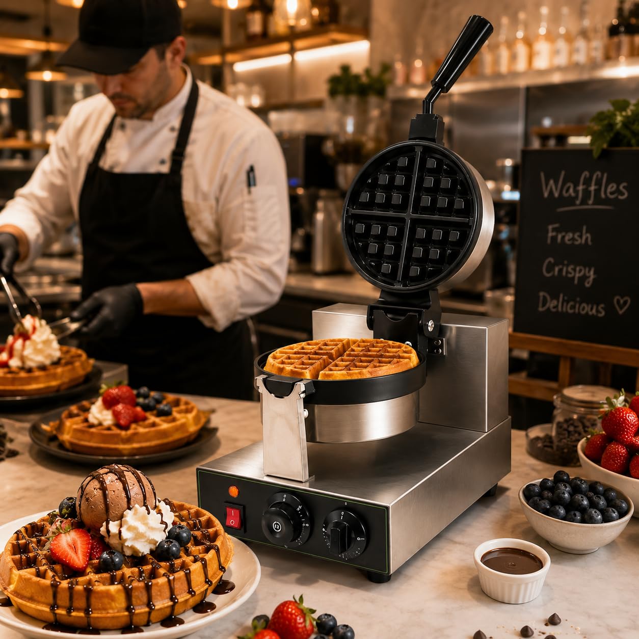 Gurubhai Equipments Round Rotating Waffle Machine, Commercial Electric Belgian Waffle Maker, Rotary Waffle Baker for Cafe Bakery Restaurant