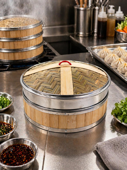 Gurubhai Equipments Bamboo Stainless Steel 26 Cm Steamer Basket with Lid – 1 Tier Round | Traditional Wooden Steamer for Momos, Dim Sum, Dumplings & Vegetables | Eco-Friendly Food Steamer for Healthy Cooking