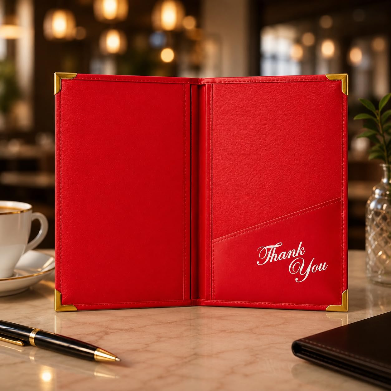 Gurubhai Equipments Premium Red Bill Folder – Pack of 6 | PU Leather Restaurant Bill Holder with Golden Corners | Stylish & Durable Check Presenter for Hotels, Cafés & Restaurants