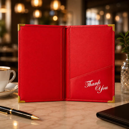 Gurubhai Equipments Premium Red Bill Folder – Pack of 6 | PU Leather Restaurant Bill Holder with Golden Corners | Stylish & Durable Check Presenter for Hotels, Cafés & Restaurants