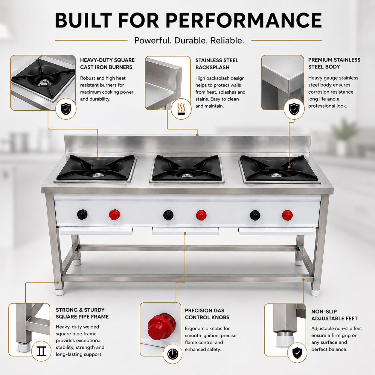 Gurubhai Equipments Stainless Steel Commercial Single Burner Gas Stove Table with Worktop Backsplash & Under Shelf for Hotel Restaurant Kitchen