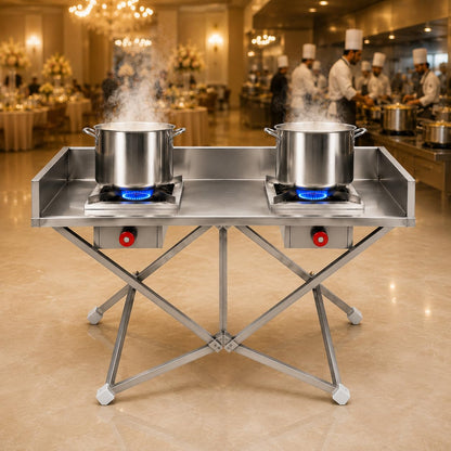 Gurubhai Equipments Stainless Steel Double Burner Folding Gas Stove – Portable Commercial Bhatti with Control Valves & Side Wall | Ideal for Outdoor Catering, Events & Street Food Stalls