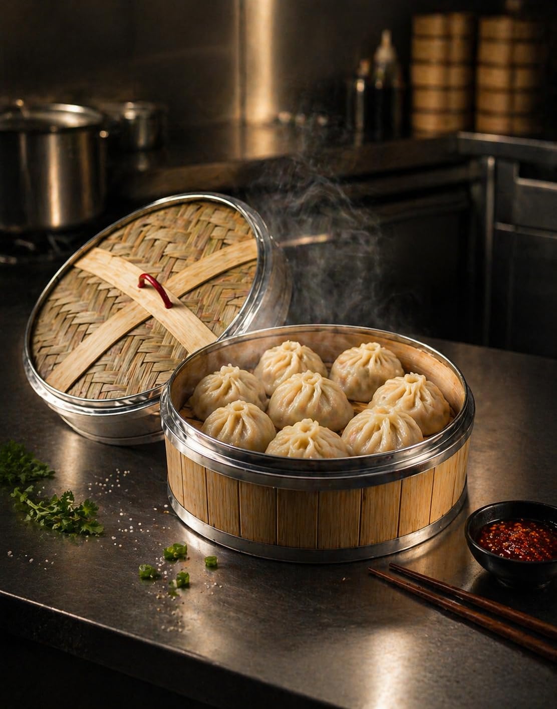 Gurubhai Equipments Bamboo Stainless Steel 20 Cm Steamer Basket with Lid – 1 Tier Round | Traditional Wooden Steamer for Momos, Dim Sum, Dumplings & Vegetables | Eco-Friendly Food Steamer for Healthy Cooking