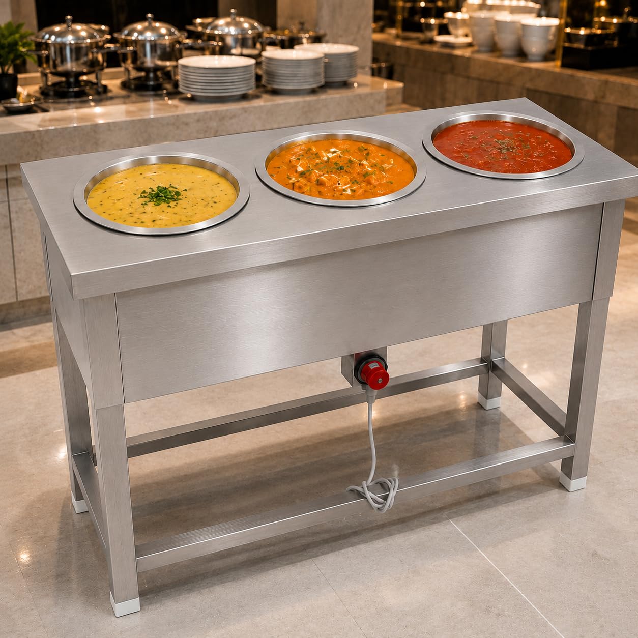 Gurubhai Equipments 3 Pot Electric Bain Marie Commercial Food Warmer Stainless Steel Steam Table Buffet Counter for Restaurant Catering