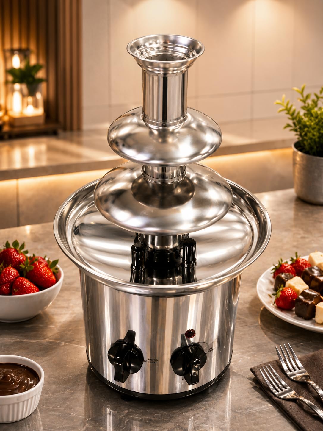 Gurubhai Equipments Electric Chocolate Fountain Machine with Stainless Steel Tower | 3-Tier Chocolate Fountain | Motor & Heating Control for Parties, Hotels, Catering & Events