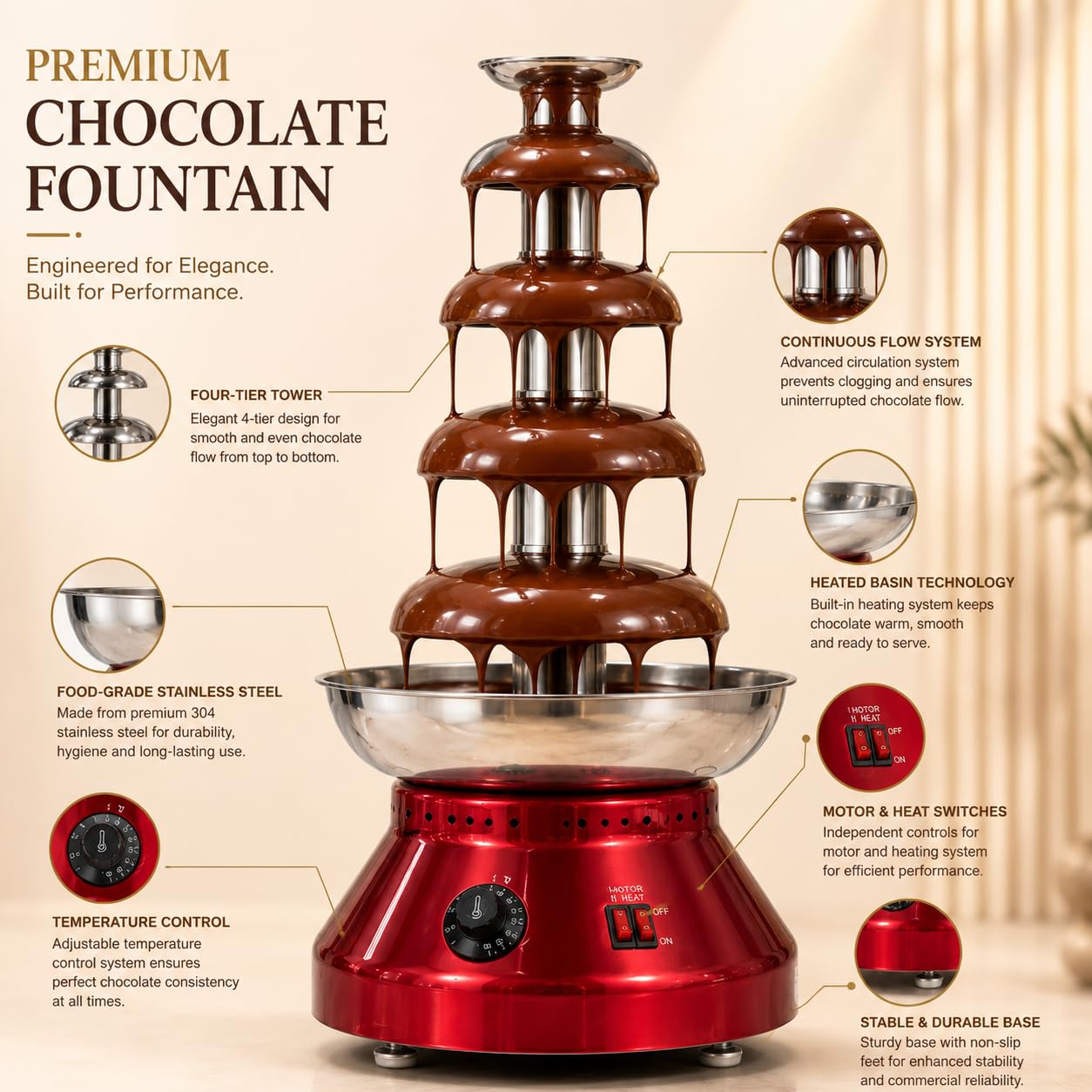 Gurubhai Equipments Electric Chocolate Fountain Machine with Stainless Steel Tower | 3-Tier Chocolate Fountain | Motor & Heating Control for Parties, Hotels, Catering & Events