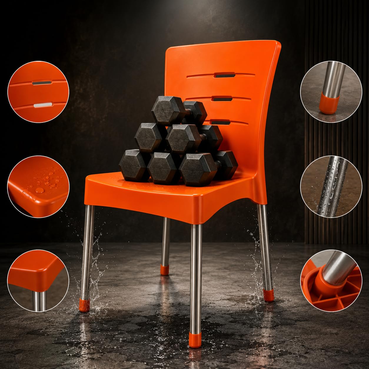 GURUBHAI EQUIPMENTS Metal Frame Dining Chair Plastic Seat Chair for Home Cafe Restaurant Furniture Orange Pack of 4