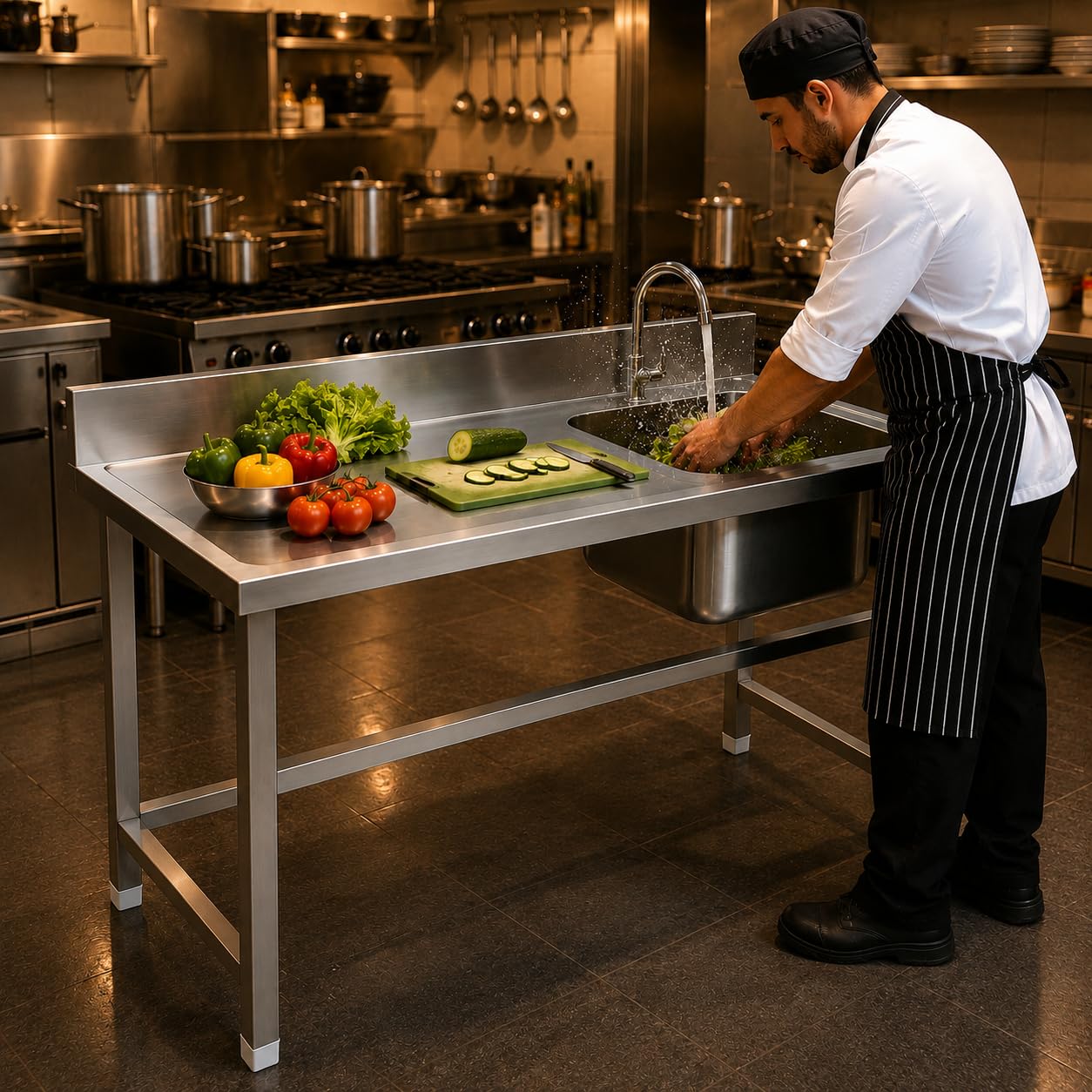 Gurubhai Equipments Stainless Steel Sink Table with Right Side Sink & Worktop | Heavy-Duty Commercial Kitchen Sink with Backsplash & Undercounter Space | Ideal for Restaurants, Hotels & Catering Use