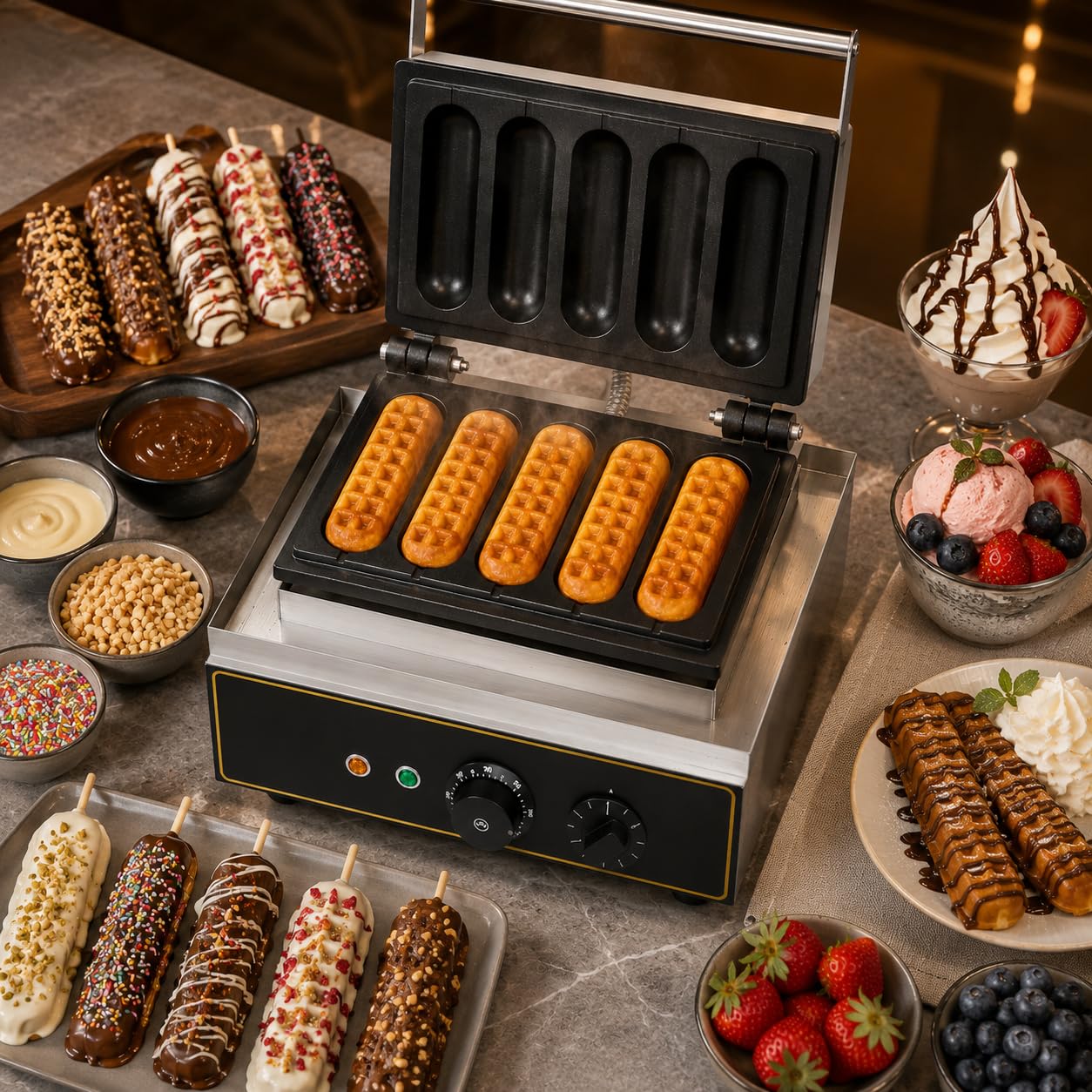 Gurubhai Equipments 5 Stick Waffle Maker Machine, Commercial Electric Waffle Stick Maker, Professional Belgian Waffle Machine for Cafe Bakery