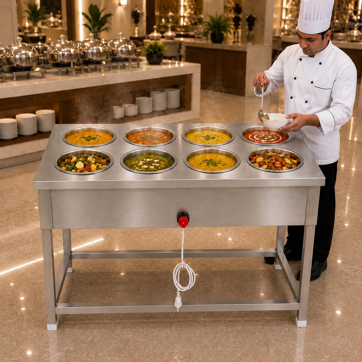 Gurubhai Equipments 8 Pot Electric Bain Marie Commercial Steam Table Food Warmer Stainless Steel Buffet Serving Counter for Restaurant Catering