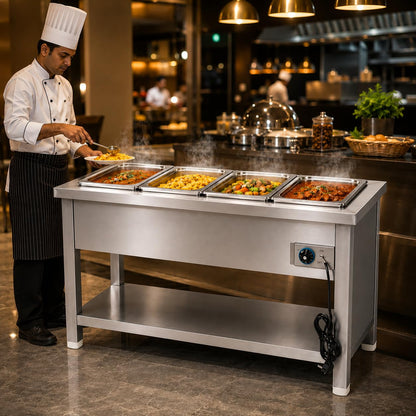 Gurubhai Equipments Electric Autocut Bain Marie Commercial Food Warmer Steam Table Buffet Counter with Undershelf for Restaurant Catering