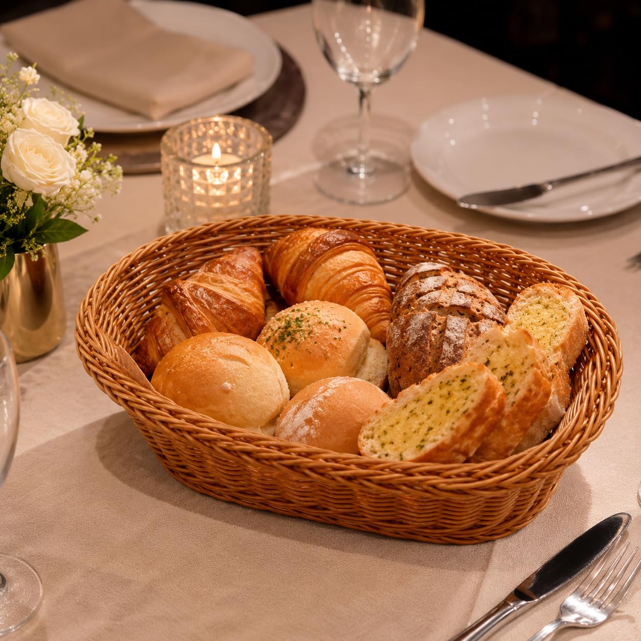 Gurubhai Equipments Rattan-Style Bread & Roti Basket – Set of 6 | Oval Woven Serving Basket for Snacks, Bakery Items, Chapati & More | Lightweight & Easy-to-Clean for Homes, Cafés & Restaurants