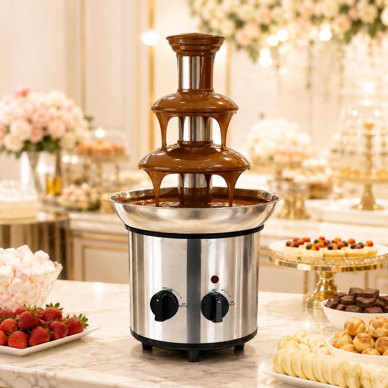 Gurubhai Equipments Electric Chocolate Fountain Machine with Stainless Steel Tower | 3-Tier Chocolate Fountain | Motor & Heating Control for Parties, Hotels, Catering & Events