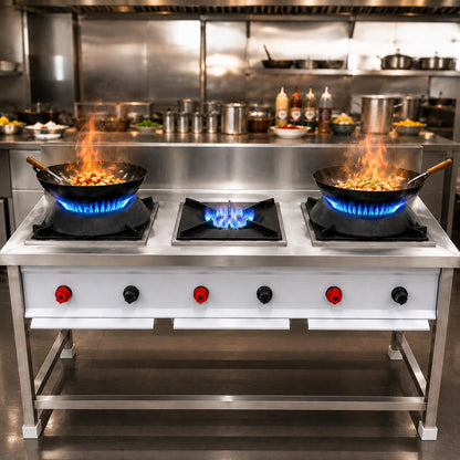 Gurubhai Equipments 3 Burner Commercial Gas Stove with 2 Chinese Burners & 1 Single Burner Stainless Steel Heavy Duty Cooking Range for Restaurants Hotels