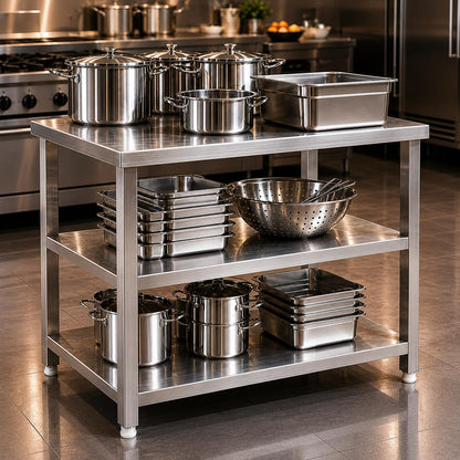 GURUBHAI EQUIPMENTS Kitchen Service Table Commercial Work Table with 2 Storage Shelves for Restaurant Hotel Catering Kitchen