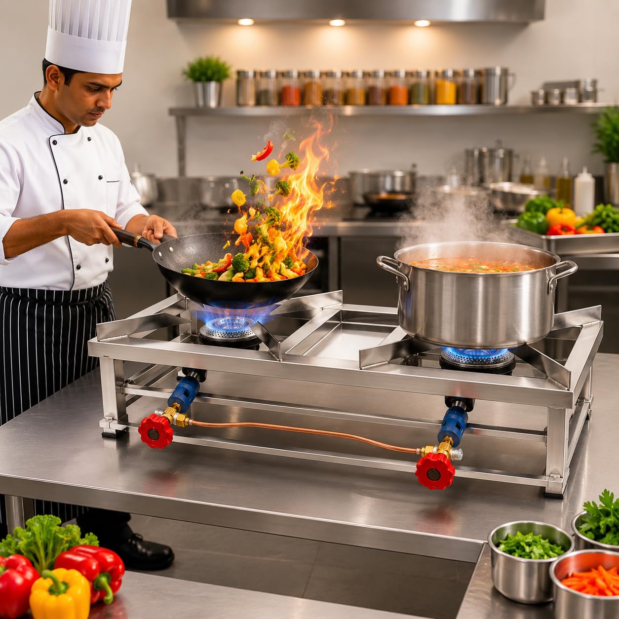 Gurubhai Equipments Double Catering Burner Commercial LPG Gas Stove Heavy Duty Cooking Range for Hotel Restaurant Catering Kitchen