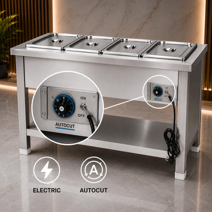 Gurubhai Equipments Electric Autocut Bain Marie Commercial Food Warmer Steam Table Buffet Counter with Undershelf for Restaurant Catering