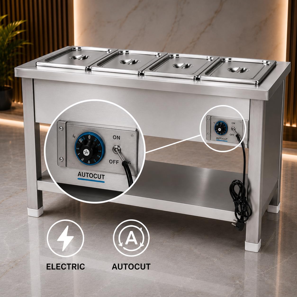 Gurubhai Equipments 1/2 4GN Electric Autocut Bain Marie Commercial Food Warmer Stainless Steel Steam Table Buffet Counter with Undershelf for Restaurant Catering