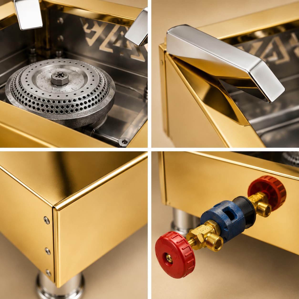 Gurubhai Equipments Square Catering Burner 12x12 Inch LPG Gas Stove Gold Stainless Steel Portable Commercial Stove Heavy Duty Stainless Steel Portable Cooking Burner
