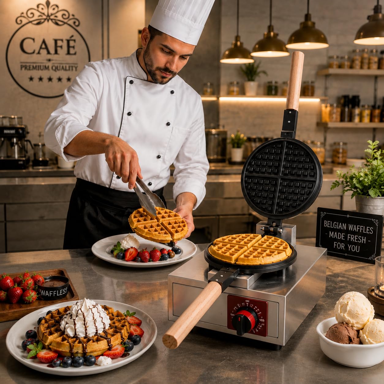 Gurubhai Equipments Wooden Handle Round Belgian Gas Waffle, Machine Commercial Belgian Waffle Maker, Heavy Duty Waffle Baker for Cafe Bakery