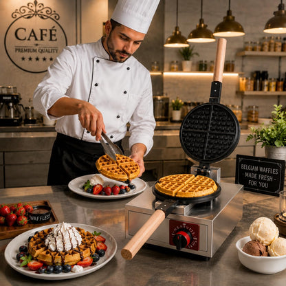 Gurubhai Equipments Wooden Handle Round Belgian Gas Waffle, Machine Commercial Belgian Waffle Maker, Heavy Duty Waffle Baker for Cafe Bakery