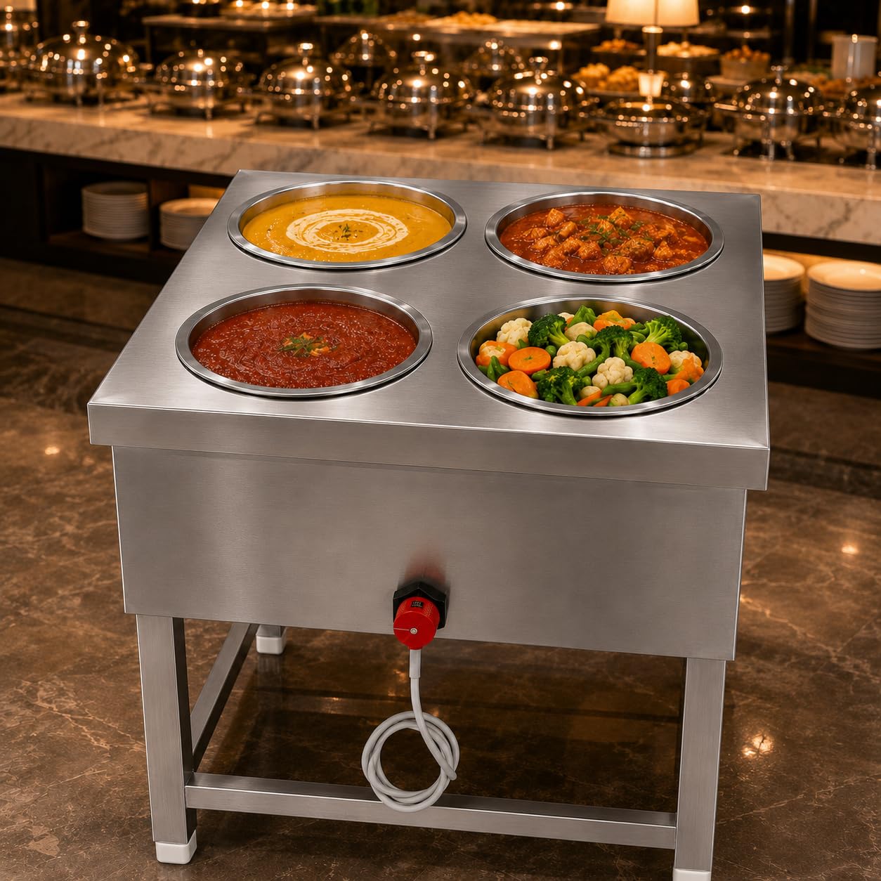 Gurubhai Equipments 4 Pot Electric Bain Marie Commercial Food Warmer Stainless Steel Steam Table Buffet Counter for Restaurant Catering