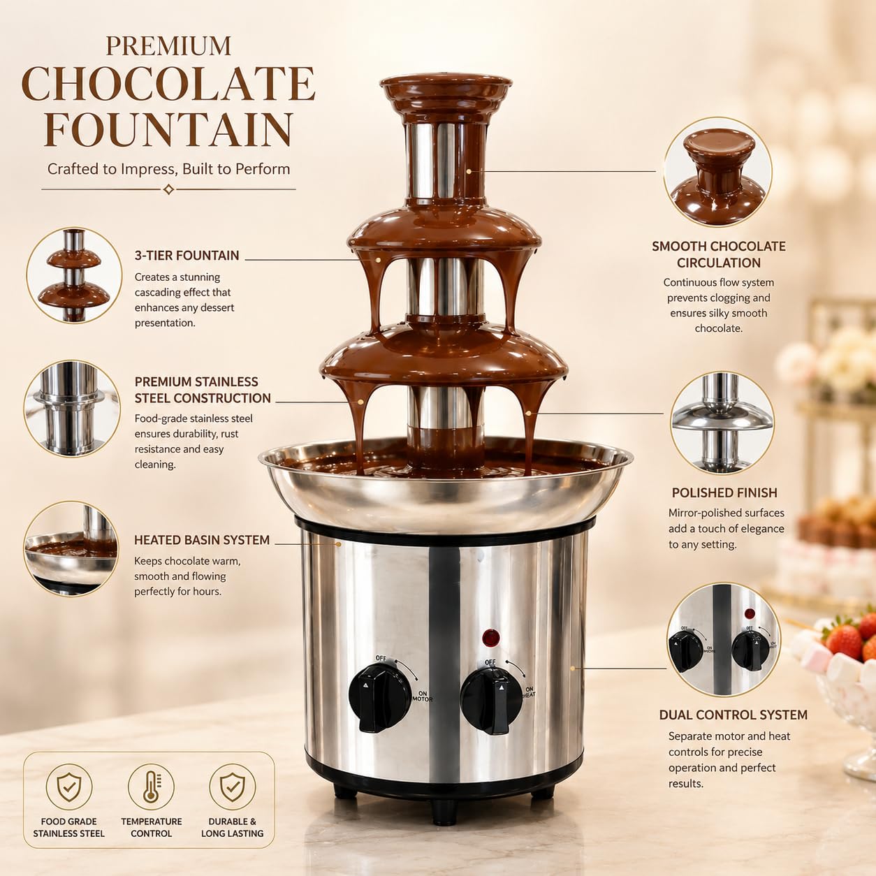 Gurubhai Equipments Electric Chocolate Fountain Machine with Stainless Steel Tower | 3-Tier Chocolate Fountain | Motor & Heating Control for Parties, Hotels, Catering & Events