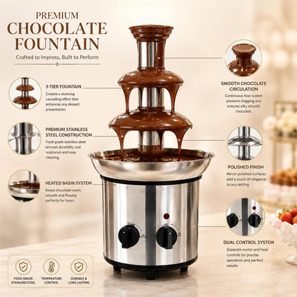 Gurubhai Equipments Electric Chocolate Fountain Machine with Stainless Steel Tower | 3-Tier Chocolate Fountain | Motor & Heating Control for Parties, Hotels, Catering & Events