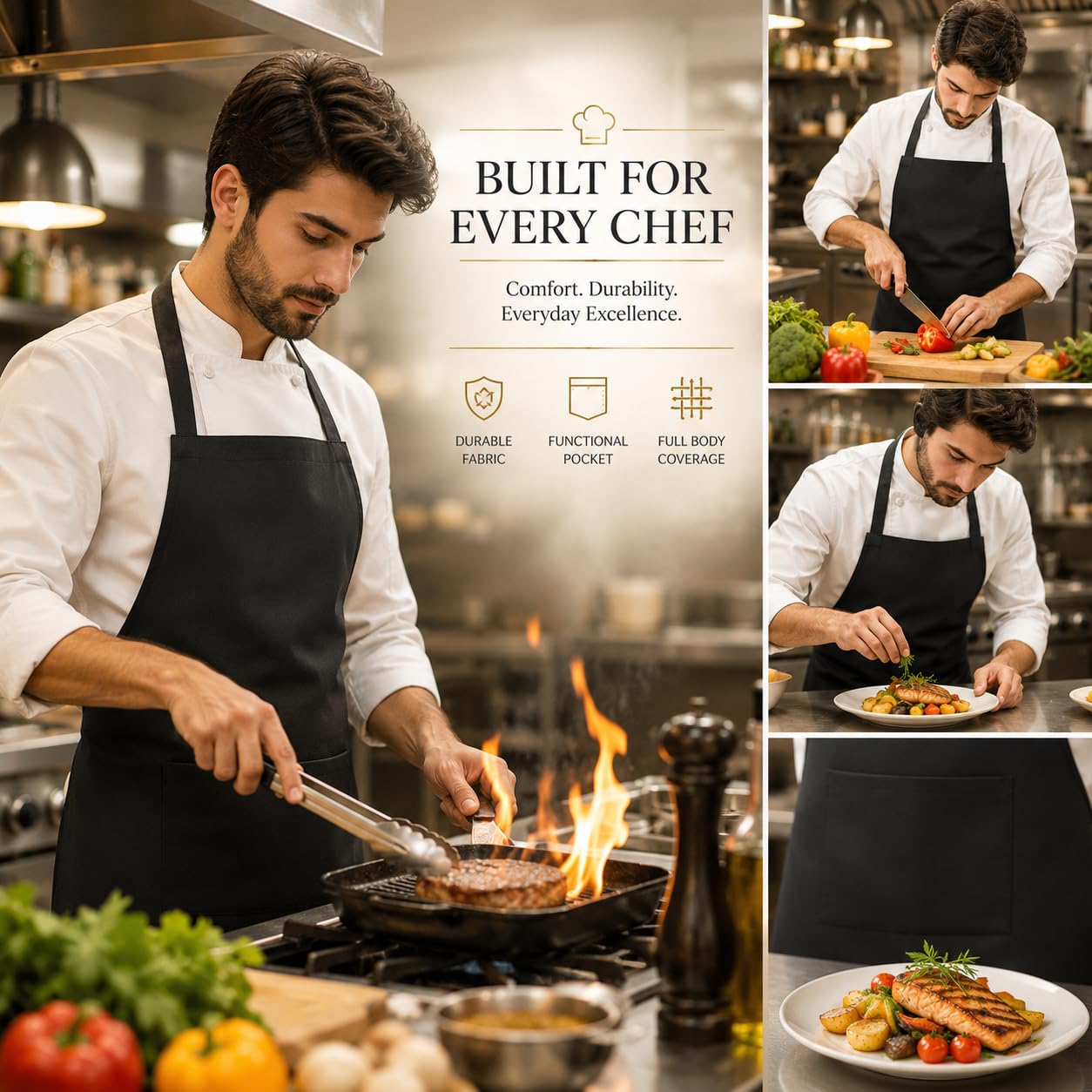 GURUBHAI EQUIPMENTS Chef Apron with Hat Set | Adjustable Kitchen Apron with Front Pocket for Men & Women | Professional Cooking Uniform for Restaurants, Cafés & Catering Use